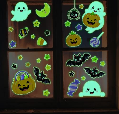Glow in the Dark Halloween Window Stickers Luminous Ghost Witch Hat Pumpkin Candy Window Decals for Halloween Party Supplies Home Glass Decorations