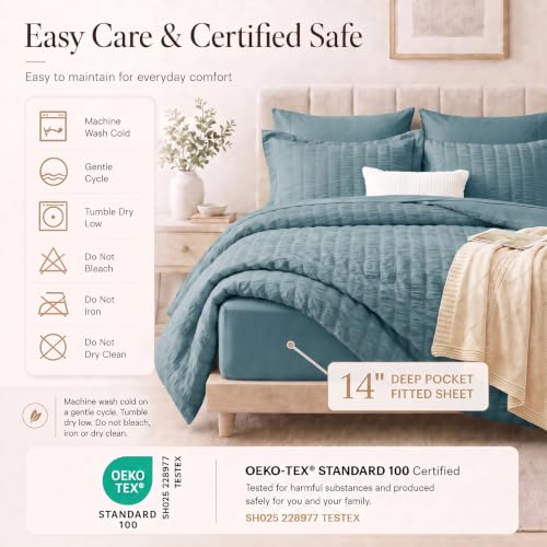 Twin XL Comforter Set 5 Pieces Mineral Blue Seersucker Bed in a Bag