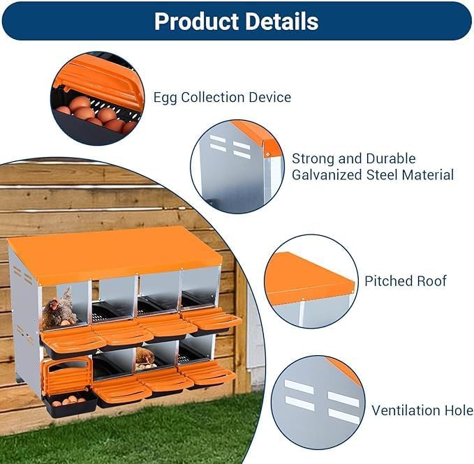 [8-Pack] Chicken Nesting Boxes for Hens - Galvanized Steel Wall Mount or Freestanding Chicken Nest, Removable Plastic Egg Tray & Ventilation Holes - Poultry Nesting Boxes for Egg Laying (Orange)