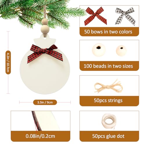 50PCS 4" Blank Wooden Ornaments for Crafts with Plaid Bows and Beads (50 Count)