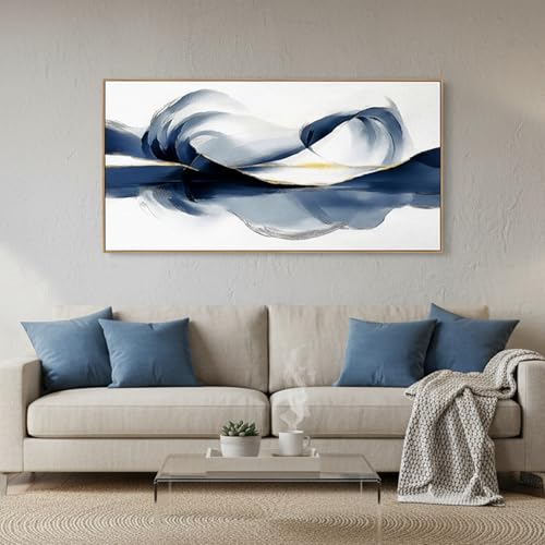 20x40 Inch Framed Abstract Blue Gold Mountain Canvas Wall Art Horizontal Navy Reflection Ink Landscape Wall Painting Modern Minimalist Textured Wall Decor for Living Room Bedroom