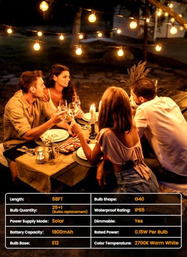 58FT 26LED Solar String Lights Outdoor with Remote & USB Port (58 Foot)