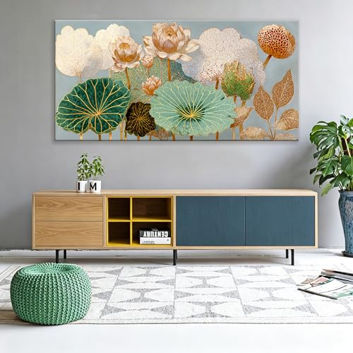 Oversized Canvas Wall Art Decor Floral Botanical Nature Canvas Prints Gold Lotus Flower Modern Wall Art Decor For Living Room Elegant Canvas Art Wall Decor For Bedroom Home Office Decor 29"×58"