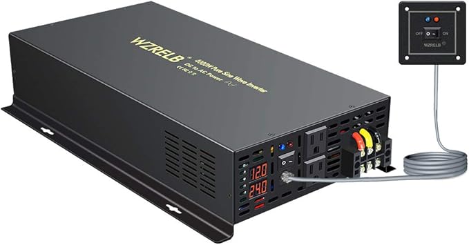 WZRELB 4000W 12VDC 120VAC Pure Sine Wave Power Inverter, 2 AC Outlets, Wired Remote Control, RV (RBP-400012WR)