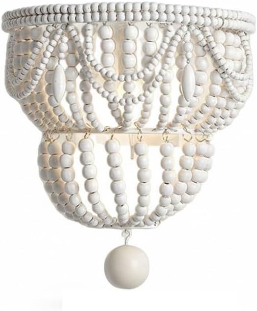 Boho Wood Bead Wall Sconce, Hand-Woven Double Layer White Wooden Beaded Wall