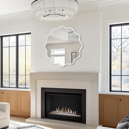 White Round Mirror 24 Inch Wavy Bathroom Vanity Mirror White Frame Modern Wall Mirror Decorative Wall