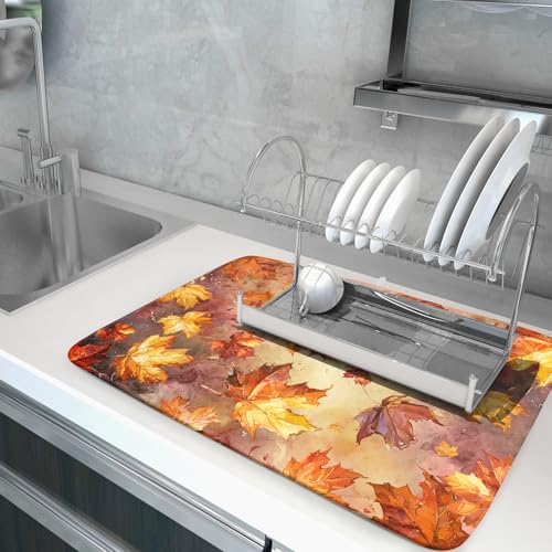 Fall Dish Drying Mat for Kitchen Counter Watercolor Maple Leaves Super Absorbent Reversible Microfiber Kitchen Countertop Protector Dishes Pad Large 18x24 inch