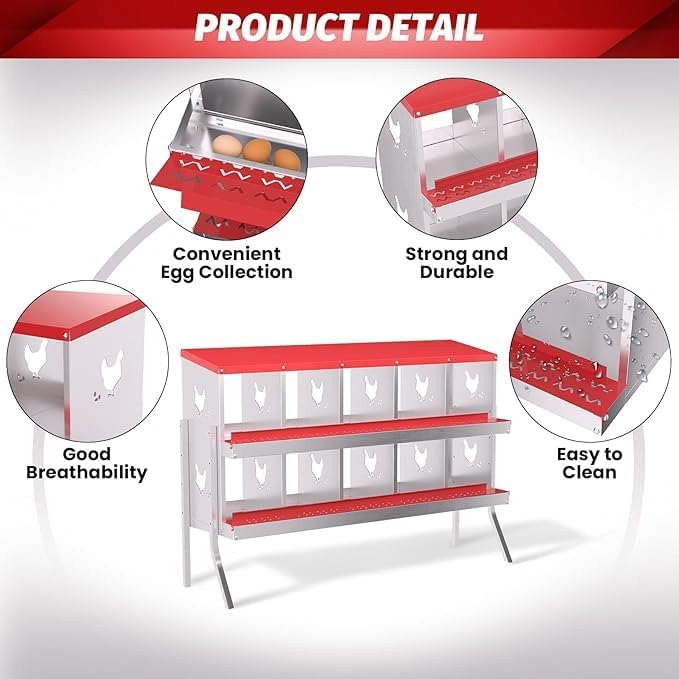 Chicken Nest Box, 10-Compartment Egg-Laying Box, Metal Hen House, Convenient for Collecting Eggs - Ventilated Poultry House Equipment - Suitable for Hens, Ducks Red,with Stand