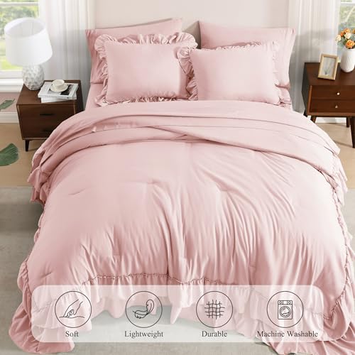Oversized King Comforter Set Soft Pink Ruffle 7 Pieces Bed in a Bag