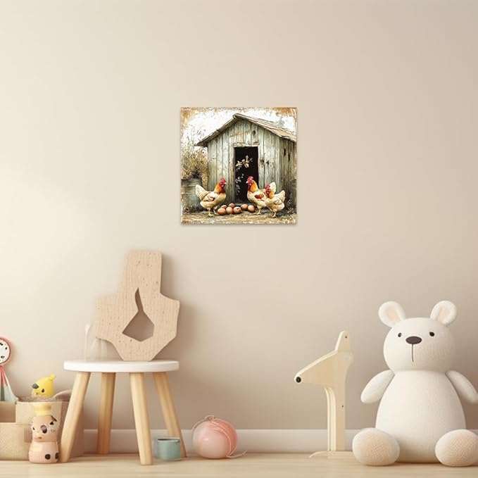 CCWORKERRY Chicken Kitchen Pictures Wall Art Rooster and Eggs Canvas Prints Farm Animals Wall Decor for Farmhouse Dining Room Decor Framed(White,24" x 24")
