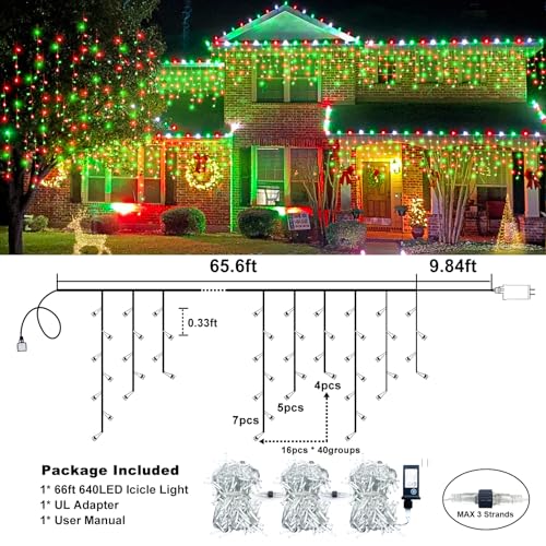 66FT 640 LED Icicle Lights for Outside 8 Modes 120 Drops