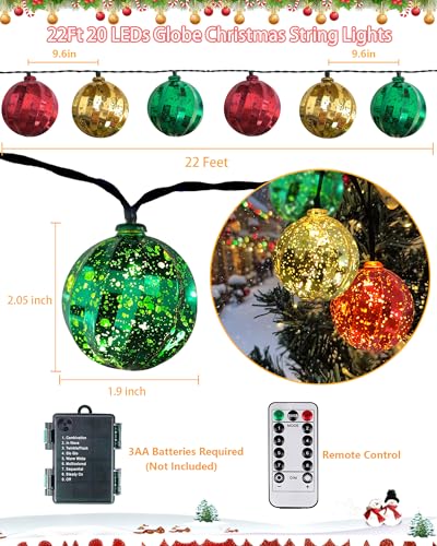 Christmas Lights Battery Operated 22FT 20 LED Globe Christmas Tree Lights with 8 Modes & Timer (20 Count)