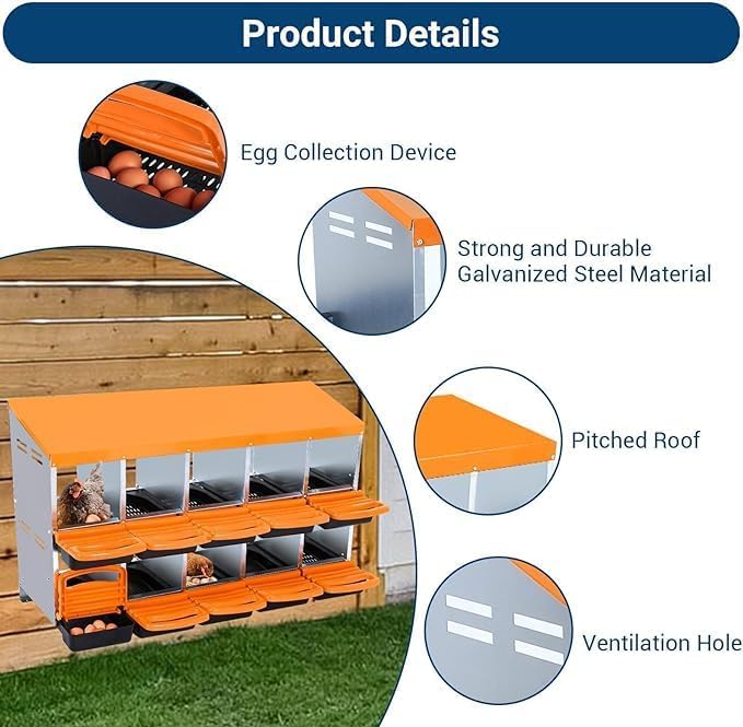 [10-Pack] Chicken Nesting Boxes for Hens - Galvanized Steel Wall Mount or Freestanding Chicken Nest, Removable Plastic Egg Tray & Ventilation Holes - Poultry Nesting Boxes for Egg Laying (Orange)