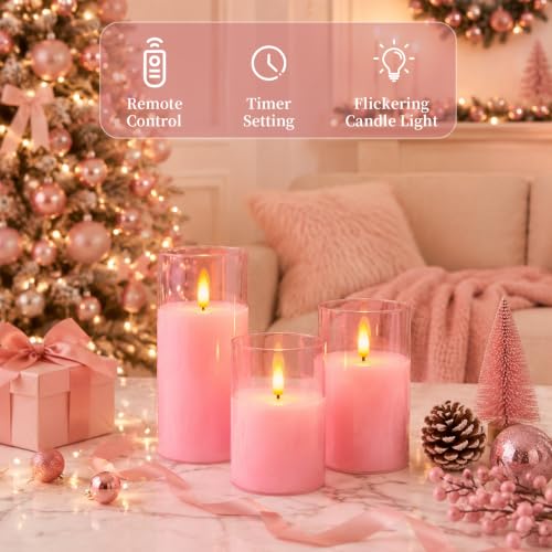 Pink Glass Flameless LED Candles Battery Operated with Remote Timer
