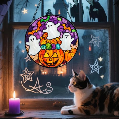 Stained Glass Window Hanging Halloween Horror Pumpkin White Ghost 7.8"