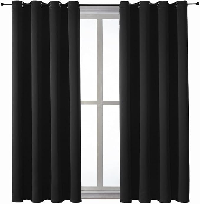 ChrisDowa Grommet Blackout Curtains for Bedroom and Living Room - 2 Panels Set Thermal Insulated Room Darkening Curtains (Black, 52 x 45 Inch)
