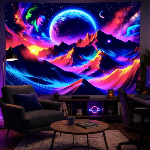 Blacklight Tapestry Mountain Galaxy UV Wall Art 78 x 59 Inch