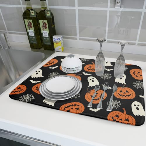 Halloween Dish Drying Mat for Kitchen Counter Ghost Pumpkin Spiderweb Festival Super Absorbent Reversible Microfiber Kitchen Countertop Protector Dishes Pad Large 18x24 inch