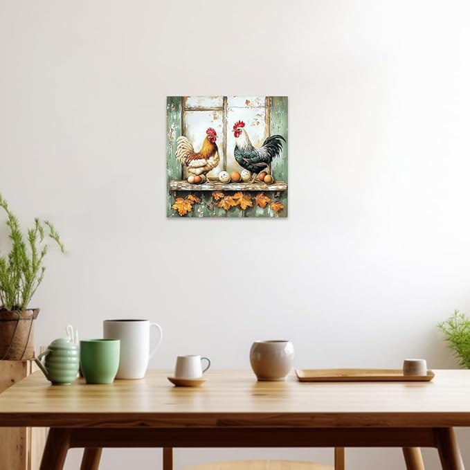 CCWORKERRY Chicken Kitchen Pictures Wall Art Rooster and Eggs Canvas Prints Farm Animals Wall Decor for Farmhouse Dining Room Decor Framed(Green,28" x 28")