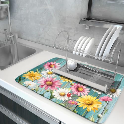 Farmhouse Flower Dish Drying Mat for Kitchen Counter Spring Summer Floral Country Super Absorbent Reversible Microfiber Kitchen Countertop Protector Dishes Pad Large 18x24 inch