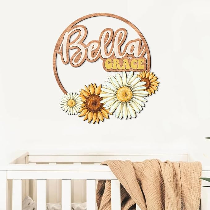Custom wooden nursery name sign, Boho nursery wood 2 layer, Floral nursery name sign for girls, Daisy Sunflower Baby name signs for nursery, Wood name signs, Baby shower, Nursery decor flower gift/18