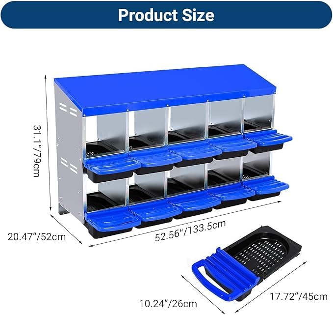 Chicken Nesting Box, 10-Compartment Egg Laying Box, Convenient for Collecting Eggs, Ventilated Poultry House Equipment in Metal Chicken Coop, Suitable for Hens and Ducks, (Blue, Without Stand)