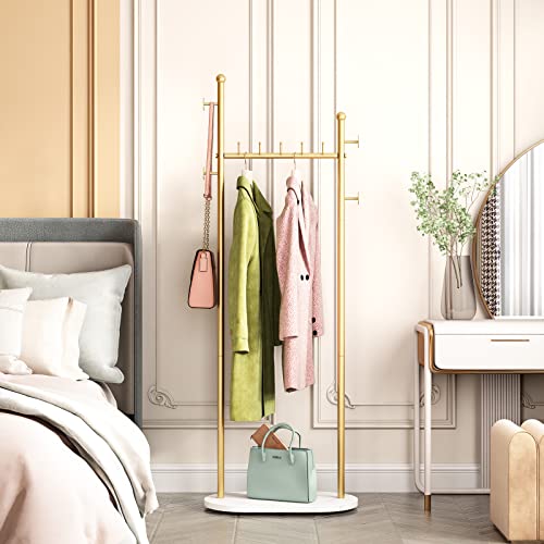Gold Clothing Racks with Marble Base Modern Coat Racks Freestanding Gold Clothes Rack with Shelves for Bedroom Heavy Duty Garment Racks in Hallway