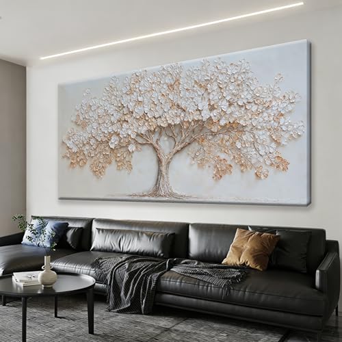 Large Canvas Wall Art Decor Beige Textured Tree of Life Canvas Art Wall Decor For Living Room Modern Decor Nature Botanical Tree Canvas Prints Artwork For Walls Bedroom Home Office Decor 24×48 Inch
