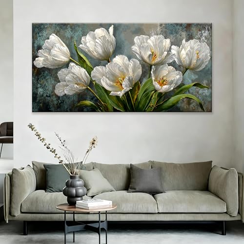 Oversized Canvas Wall Art Decor White Tulip Flower Canvas Art Wall Decor For Living Room Modern Floral Botanical Wall Art Prints Elegant Nature Flower Wall Art For Bedroom Home Office Decor 29"×58"