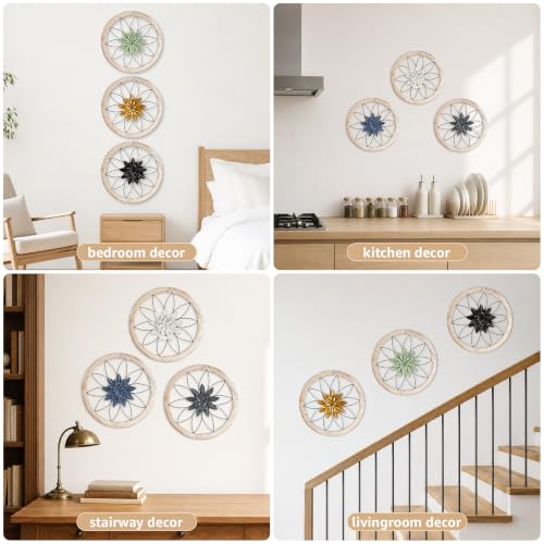 3 Piece Round Farmhouse Wall Decor with 6 Piece Interchangeable Flowers 15.75'' Medallion Wood & Metal Rustic Wall Art for Living Room Bedroom Kitchen Bathroom Dining Room Home Decorations