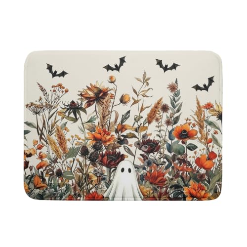 Halloween Dish Drying Mat for Kitchen Counter Cute Ghost Flowers Festival Super Absorbent Reversible Microfiber Kitchen Countertop Protector Dishes Pad Large 18x24 inch
