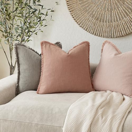 Decorative Linen Fringe Throw Pillow Covers 18×18 Coral Pink (2 Count)