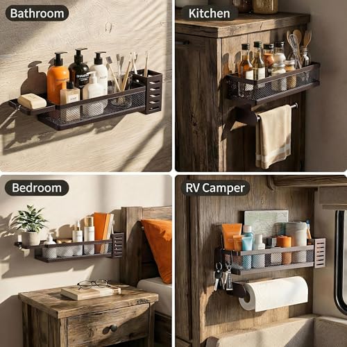 5-in-1 Wide Wall Mount Wrapped Mesh Kitchen Organizer & Shower Caddy Kit, with Paper Towel Holder, Utensil Holder, Soap Dish, Heavy Duty 50LBS - Vintage Bronze, Netting