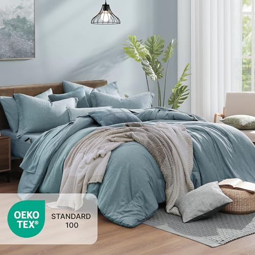 Full Comforter Set 7 Pieces Dusty Blue Cationic Dyeing Bed in a Bag