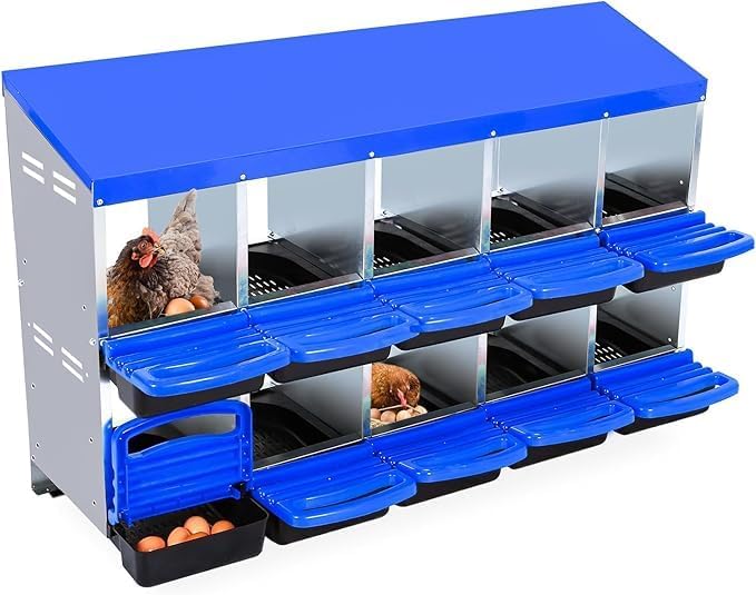 Chicken Nesting Box, 10-Compartment Egg Laying Box, Convenient for Collecting Eggs, Ventilated Poultry House Equipment in Metal Chicken Coop, Suitable for Hens and Ducks, (Blue, Without Stand)