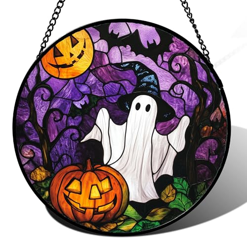 Stained Glass Window Hanging Halloween White Ghost Black Bat 11.8"