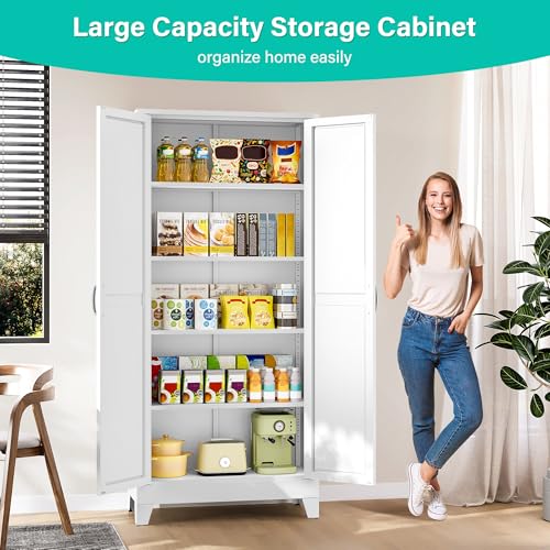 Wide & Deep Pantry Storage Cabinet with 2 Doors and 5 Shelves