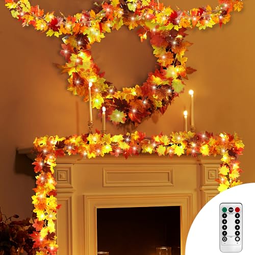 6 Pack 5.74 Feet Each Maple Leaves Garlands with 8 Lighting Modes LED String Lights Artificial Maple Leaf Fall Decorations for Home Indoor Outdoor Thanksgiving Halloween Decor (6 Count)