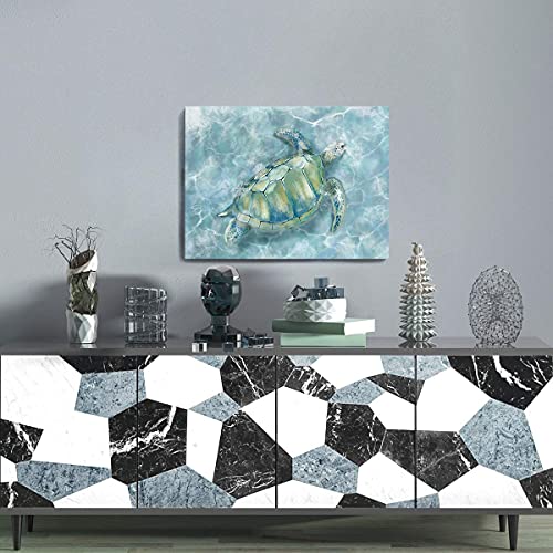 Bathroom Wall Decor Sea Turtle HD Pictures Print on Canvas Wall Art for Bedroom Kitchen Blue Coastal Room Decorations Art Work Green Turtle on Blue 12x16 inches