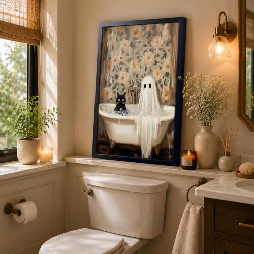 Funny Black Cat Bathroom Wall Art Framed Canvas Print