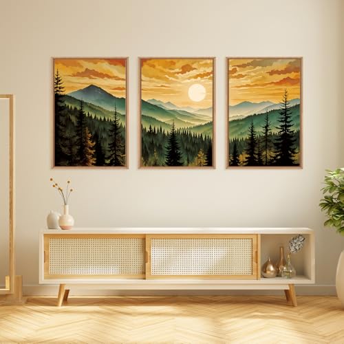 Large Boho Sunset Mountain Framed Canvas Wall Art (3 Count)