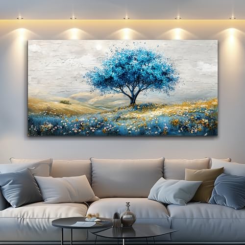Large Canvas Wall Art For Living Room Wall Decoration For Bedroom Blue Tree Landscape Painting Office Farmhouse Printing Wall Pictures Artwork Restaurant Home Decor Ready To Hang 20x40 In