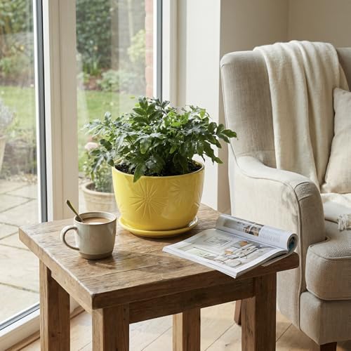 7 Inch Yellow Ceramic Planter Pot with Sunburst Design & Saucer