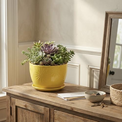 7 Inch Yellow Ceramic Planter Pot with Sunburst Design & Saucer