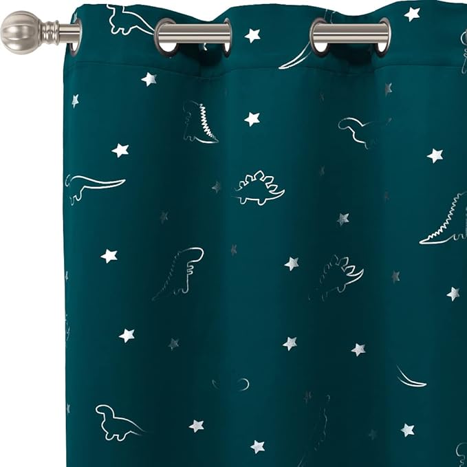 LORDTEX Dinosaur and Star Foil Print Blackout Curtains for Kids Room - Thermal Insulated Curtains Noise Reducing Window Drapes for Boys and Girls Bedroom, 42 x 63 Inch, Sapphire, Set of 2 Panels