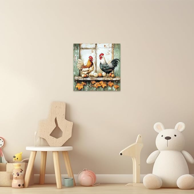 CCWORKERRY Chicken Kitchen Pictures Wall Art Rooster and Eggs Canvas Prints Farm Animals Wall Decor for Farmhouse Dining Room Decor Framed(Green,28" x 28")