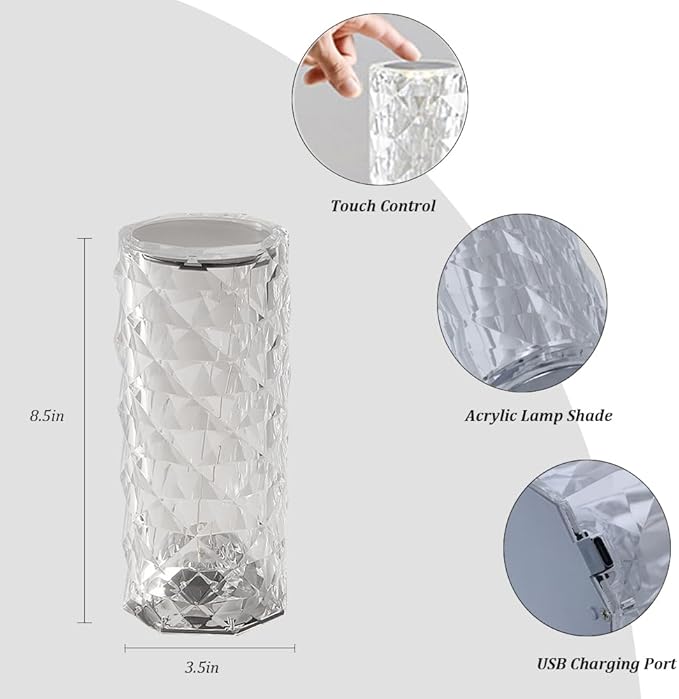 Portable Crystal Table Lamp, 3 Color Touch Control Rechargeable Lamp, Crystal