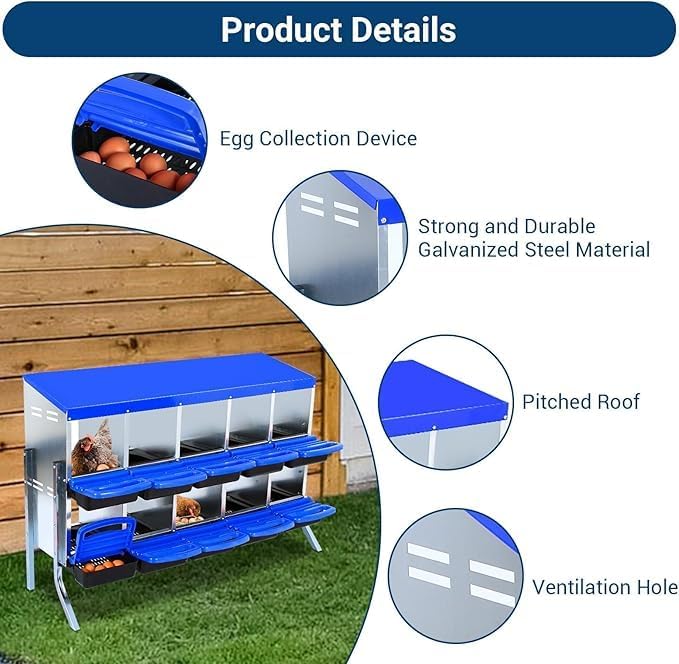Chicken Nesting Box, 10-Compartment Egg Laying Box, Convenient for Collecting Eggs, Ventilated Poultry House Equipment in Metal Chicken Coop, Suitable for Hens and Ducks, (Blue, with Stand)