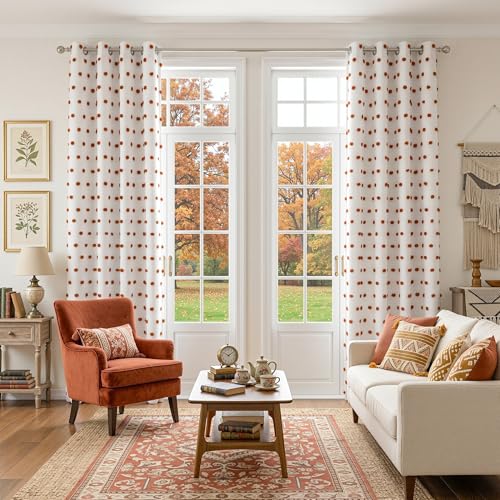 Blackout Boho Curtains for Bedroom 63 Inch Long Brick Red Pom Pom Curtains for Kids Room 100% Room Darkening Window Treatment 2 Layered Drapes Toddler Grommet 50W x 63L (2 Count)