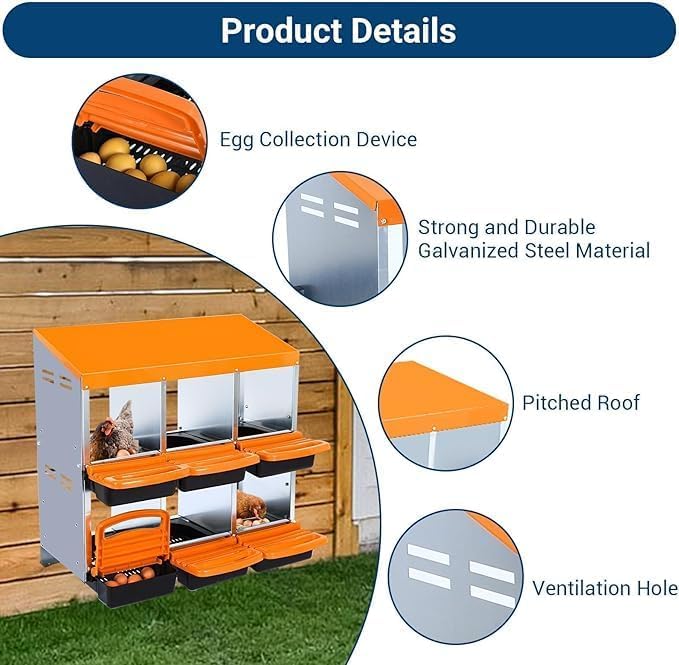 [6-Pack] Chicken Nesting Boxes for Hens - Galvanized Steel Wall Mount or Freestanding Chicken Nest, Removable Plastic Egg Tray & Ventilation Holes - Poultry Nesting Boxes for Egg Laying (Orange)